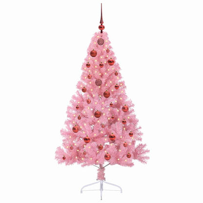 Artificial Pre-lit Christmas Tree PVC 150 cm Pink with 61 red balls