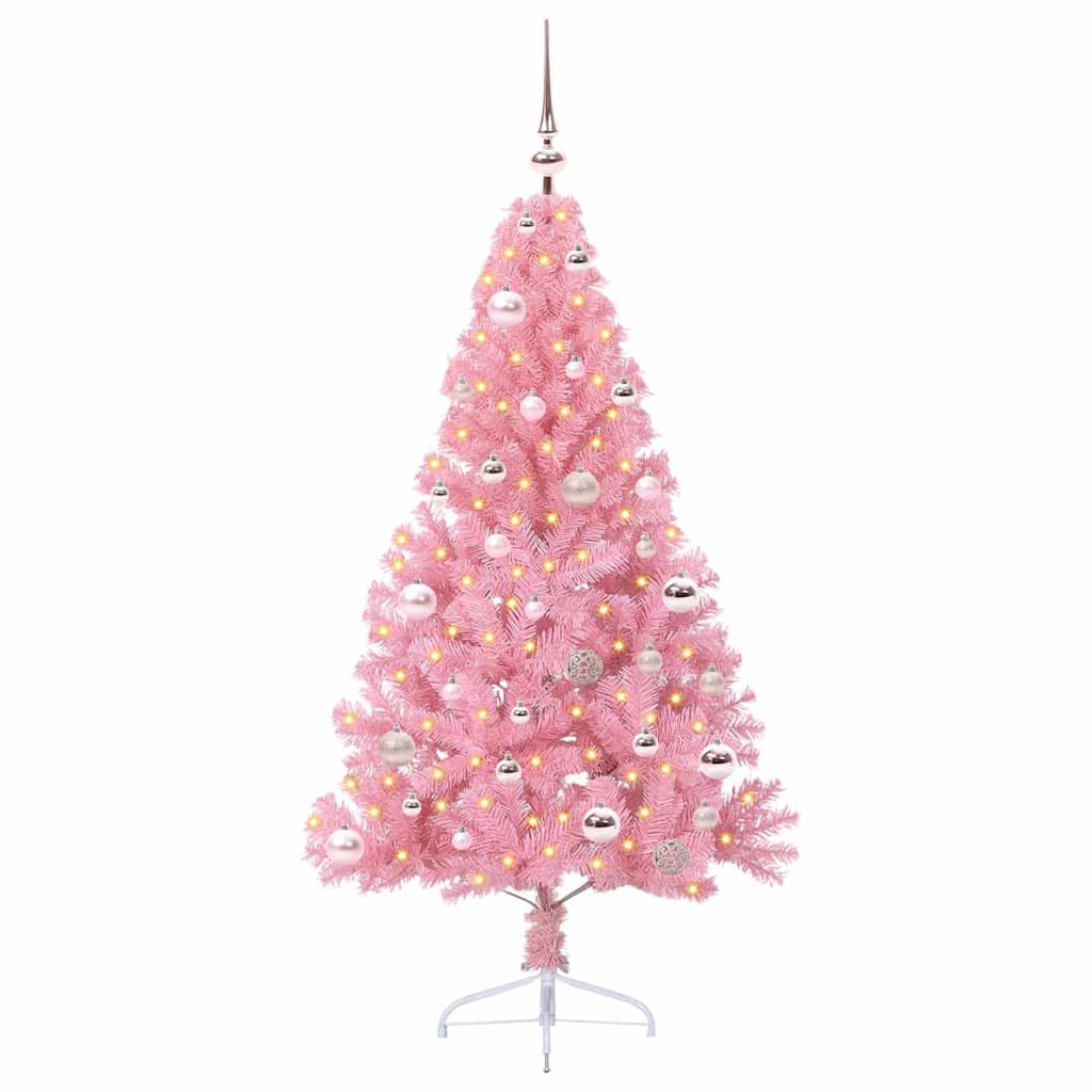 Artificial Pre-lit Christmas Tree PVC 150 cm Pink with 61 pink balls