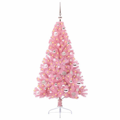 Artificial Pre-lit Christmas Tree PVC 150 cm Pink with 61 pink balls