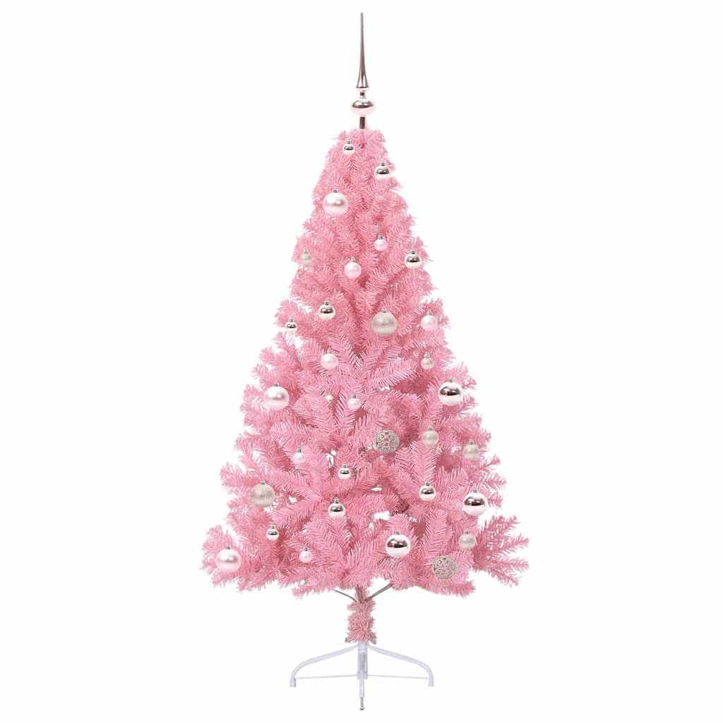 Artificial Pre-lit Christmas Tree PVC 150 cm Pink with 61 pink balls