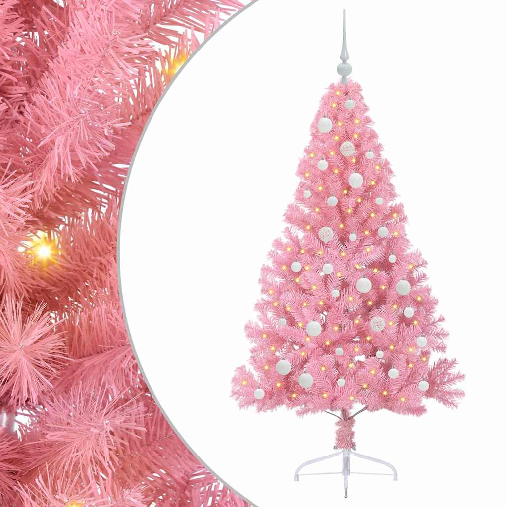 Artificial Pre-lit Christmas Tree PVC 150 cm Pink with 61 white balls