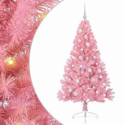 Artificial Pre-lit Christmas Tree PVC 150 cm Pink with 61 white balls