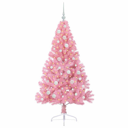 Artificial Pre-lit Christmas Tree PVC 150 cm Pink with 61 white balls