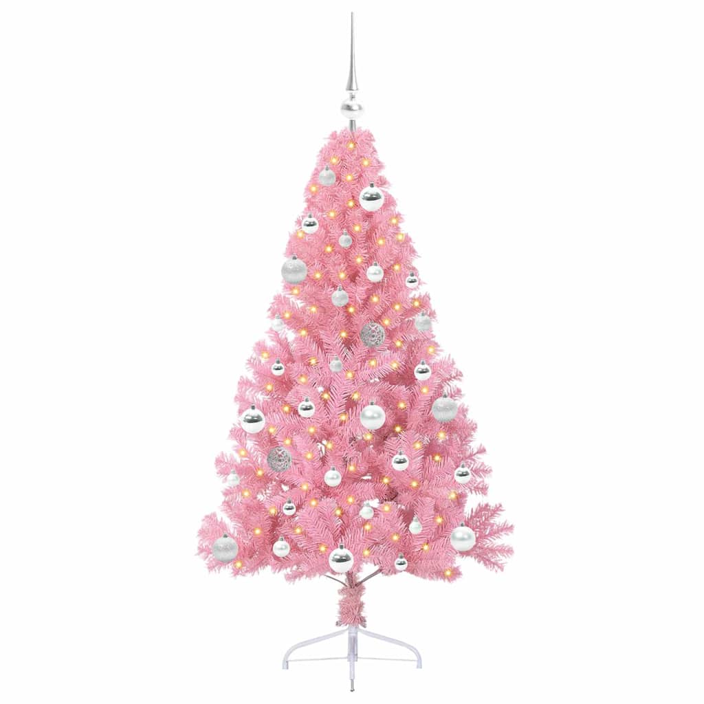 Artificial Pre-lit Christmas Tree PVC 150 cm Pink with 61 silver balls