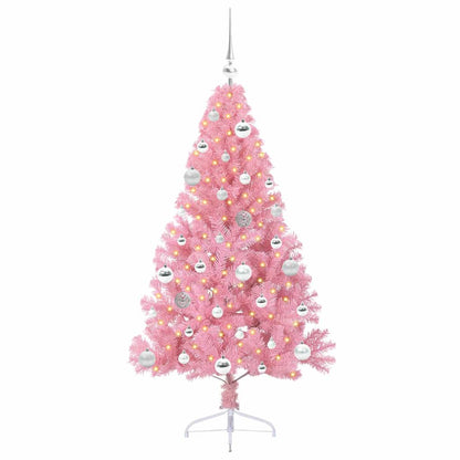 Artificial Pre-lit Christmas Tree PVC 150 cm Pink with 61 silver balls