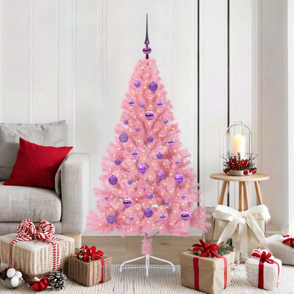 Artificial Pre-lit Christmas Tree PVC 150 cm Pink with 61 lilac balls