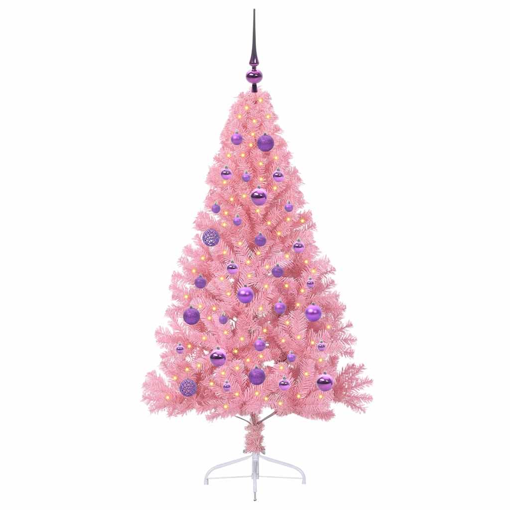 Artificial Pre-lit Christmas Tree PVC 150 cm Pink with 61 lilac balls