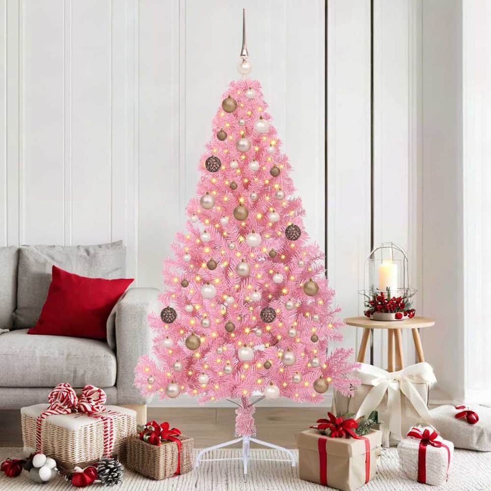 Artificial Pre-lit Christmas Tree PVC 180 cm Pink with 120 rose gold balls