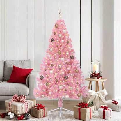 Artificial Pre-lit Christmas Tree PVC 180 cm Pink with 120 rose gold balls