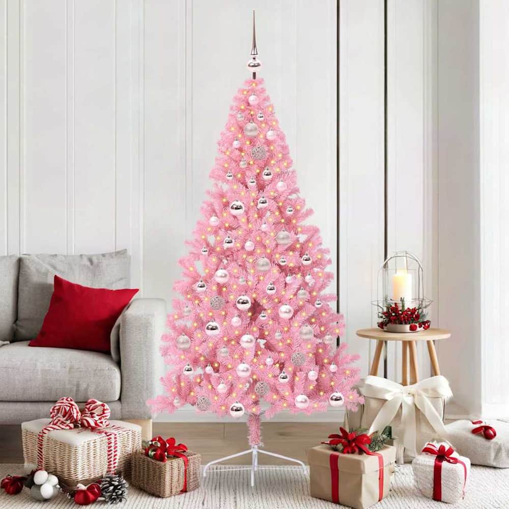 Artificial Pre-lit Christmas Tree PVC 180 cm Pink with 120 pink balls