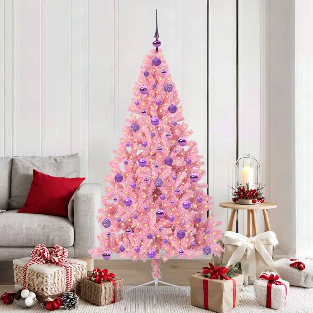Artificial Pre-lit Christmas Tree PVC 180 cm Pink with 120 lilac balls