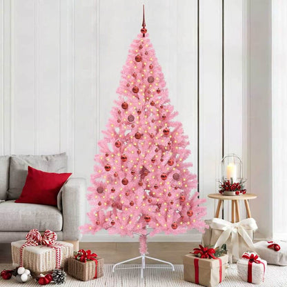Artificial Pre-lit Christmas Tree PVC 210 cm Pink with 120 red balls