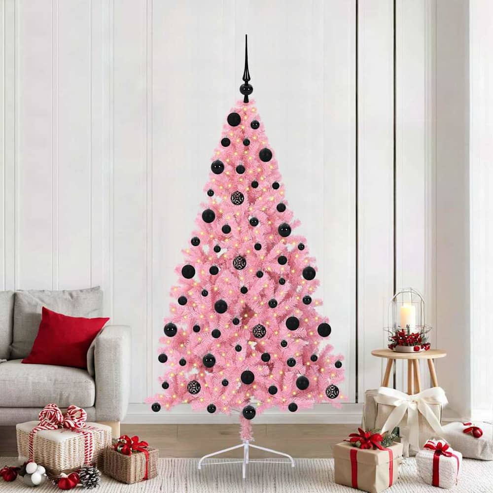Artificial Pre-lit Christmas Tree PVC 210 cm Pink with 120 black balls