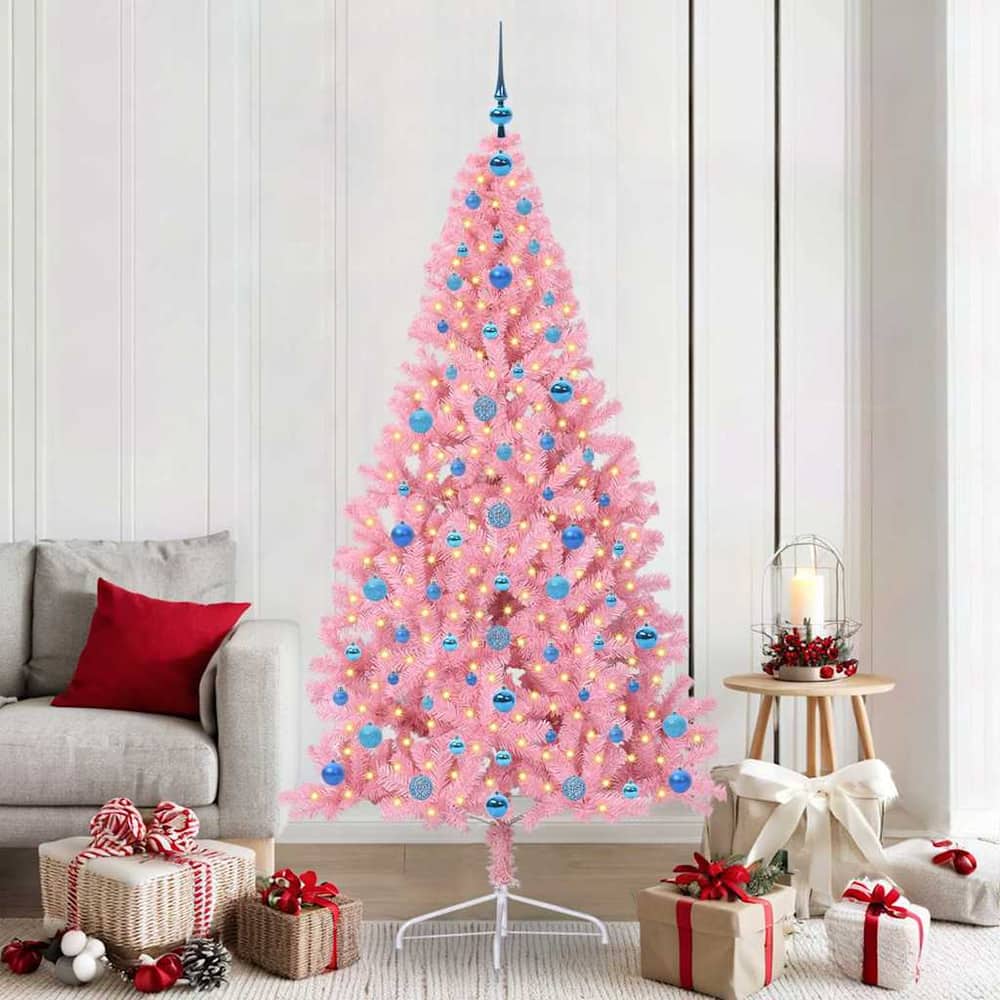 Artificial Pre-lit Christmas Tree PVC 210 cm Pink with 120 blue balls