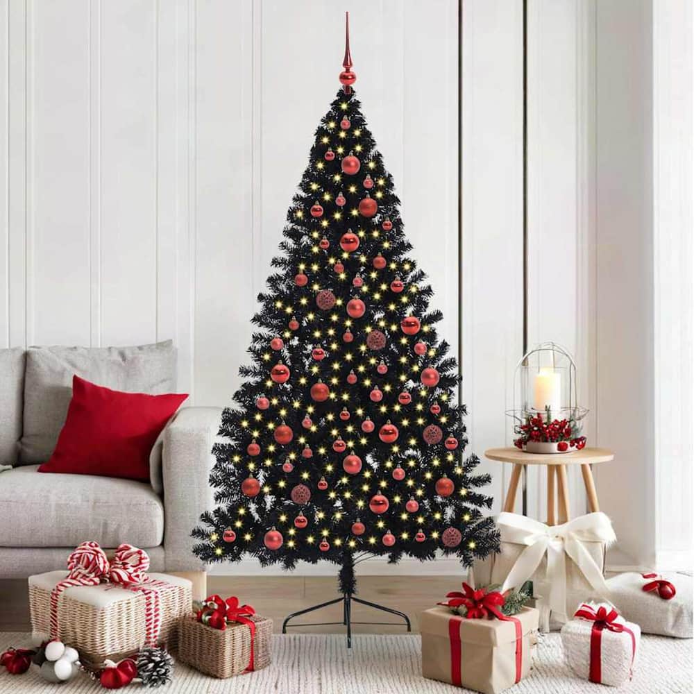Artificial Pre-lit Christmas Tree PVC 180 cm Black with 120 red balls