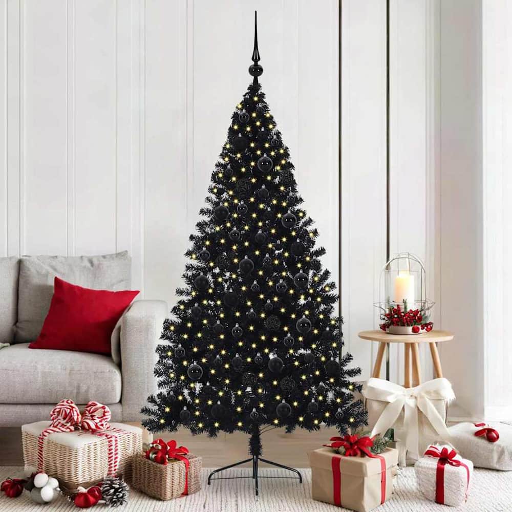 Artificial Pre-lit Christmas Tree PVC 180 cm Black with 120 black balls