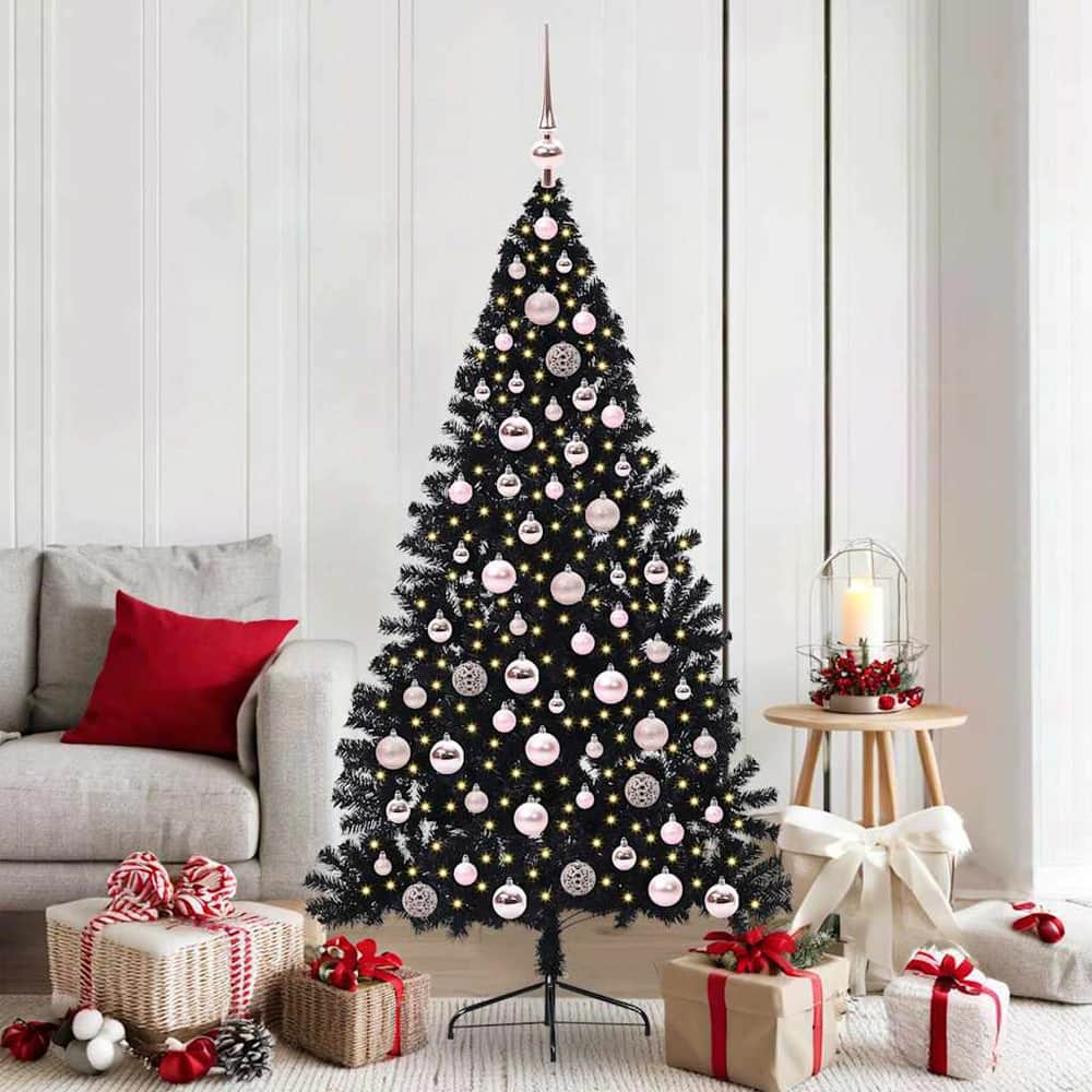 Artificial Pre-lit Christmas Tree PVC 180 cm Black with 120 pink balls
