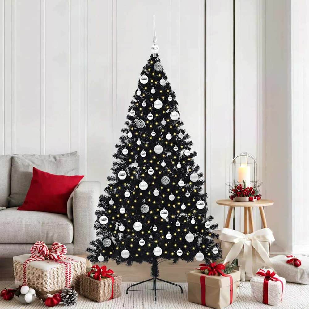 Artificial Pre-lit Christmas Tree PVC 180 cm Black with 120 silver balls