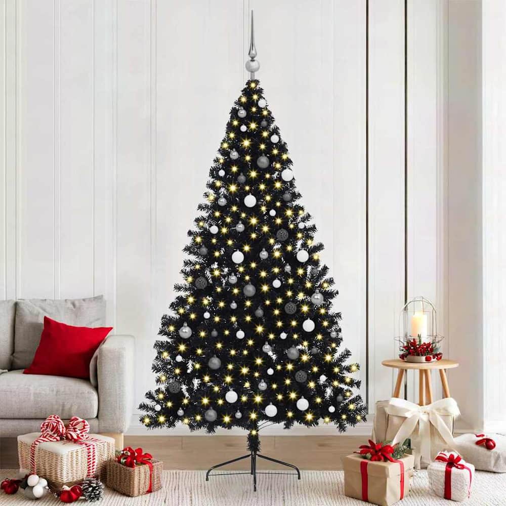 Artificial Pre-lit Christmas Tree PVC 210 cm Black with 120 white/grey balls