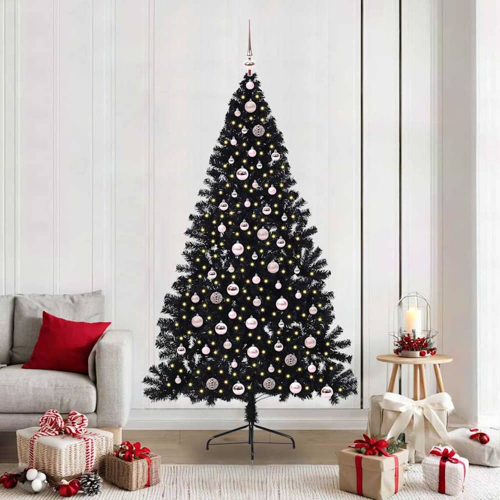 Artificial Pre-lit Christmas Tree PVC 210 cm Black with 120 pink balls