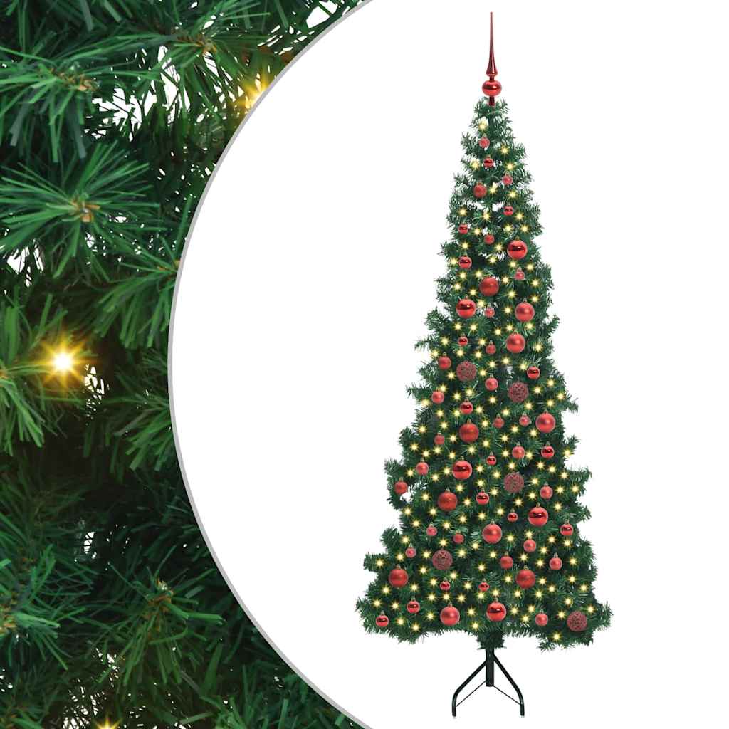 Corner Artificial Christmas Tree Green 180 cm PVC and Metal Width 180 cm with 300 LEDs & red balls