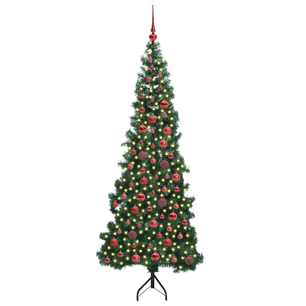 Corner Artificial Christmas Tree Green 180 cm PVC and Metal Width 180 cm with 300 LEDs & red balls