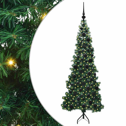 Corner Artificial Christmas Tree Green 180 cm PVC and Metal Width 180 cm with 300 LEDs & black balls