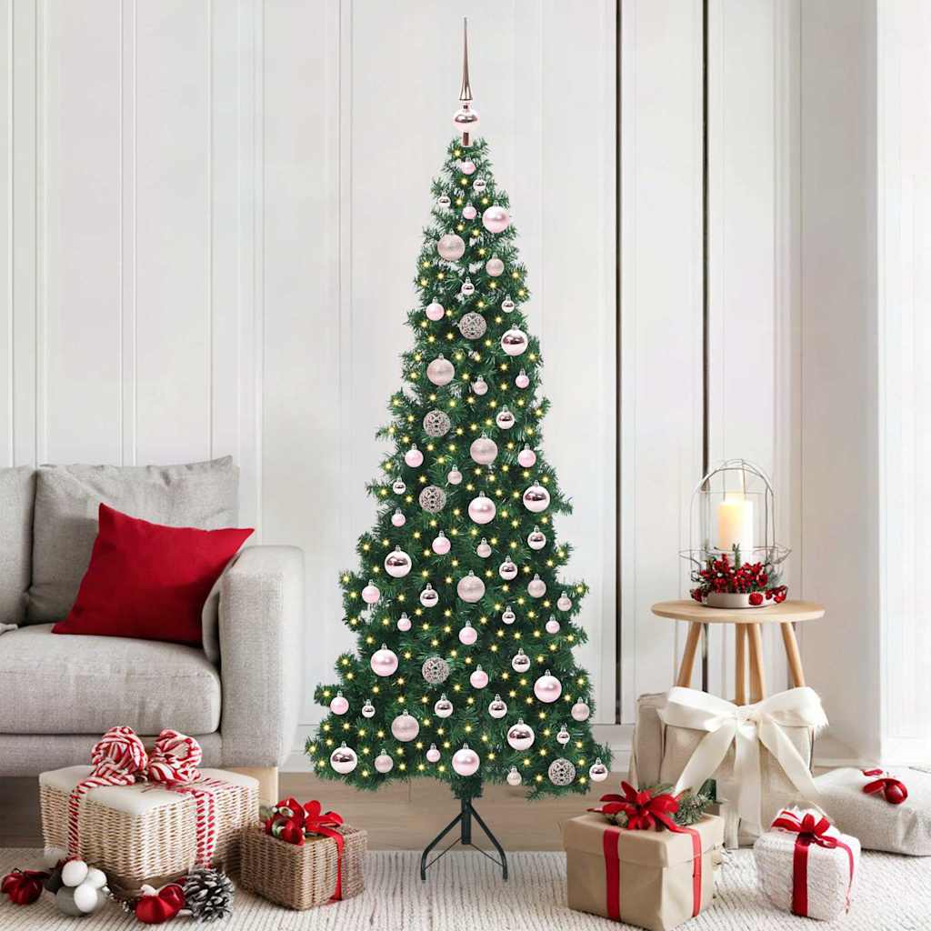 Corner Artificial Christmas Tree Green 180 cm PVC and Metal Width 180 cm with 300 LEDs & pink balls