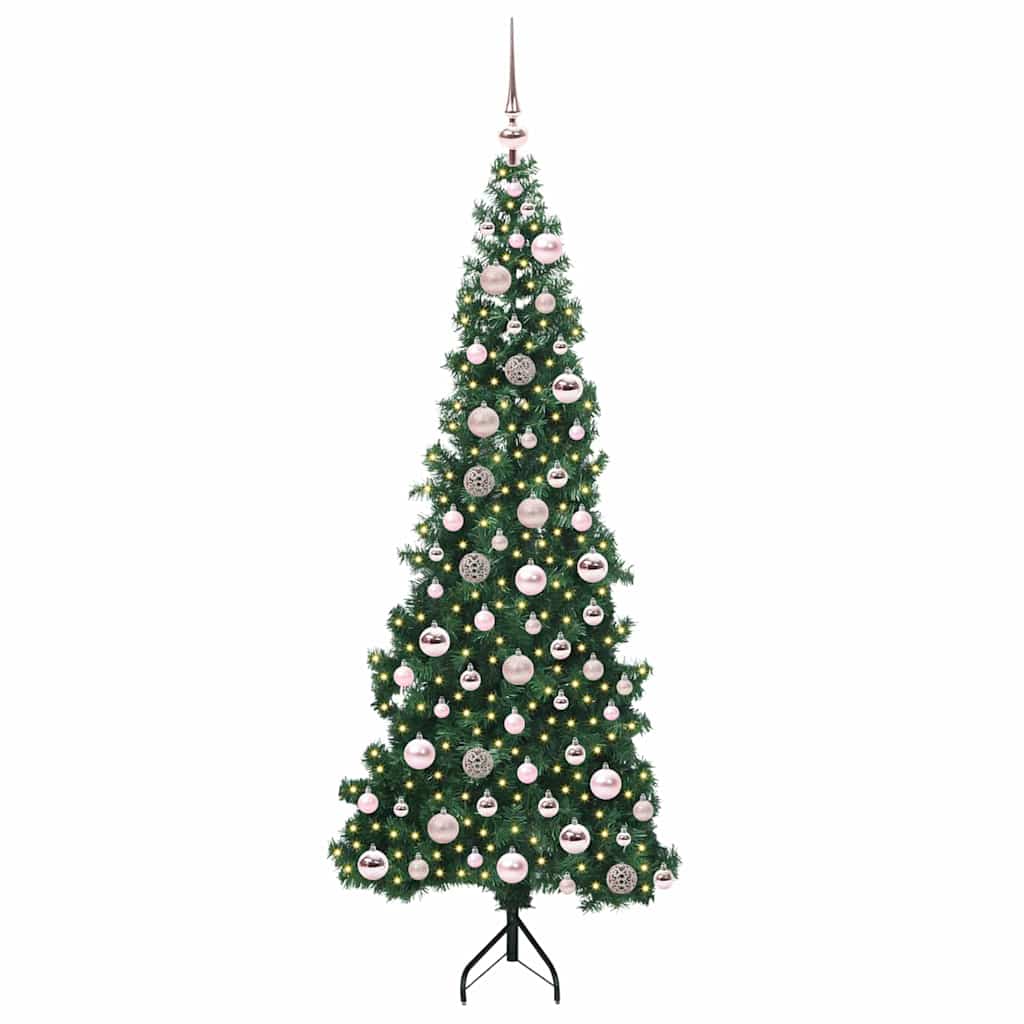 Corner Artificial Christmas Tree Green 180 cm PVC and Metal Width 180 cm with 300 LEDs & pink balls