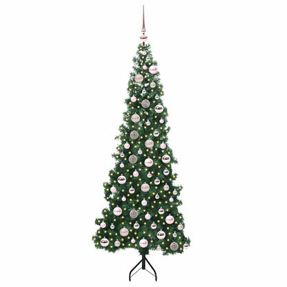 Corner Artificial Christmas Tree Green 180 cm PVC and Metal Width 180 cm with 300 LEDs & pink balls