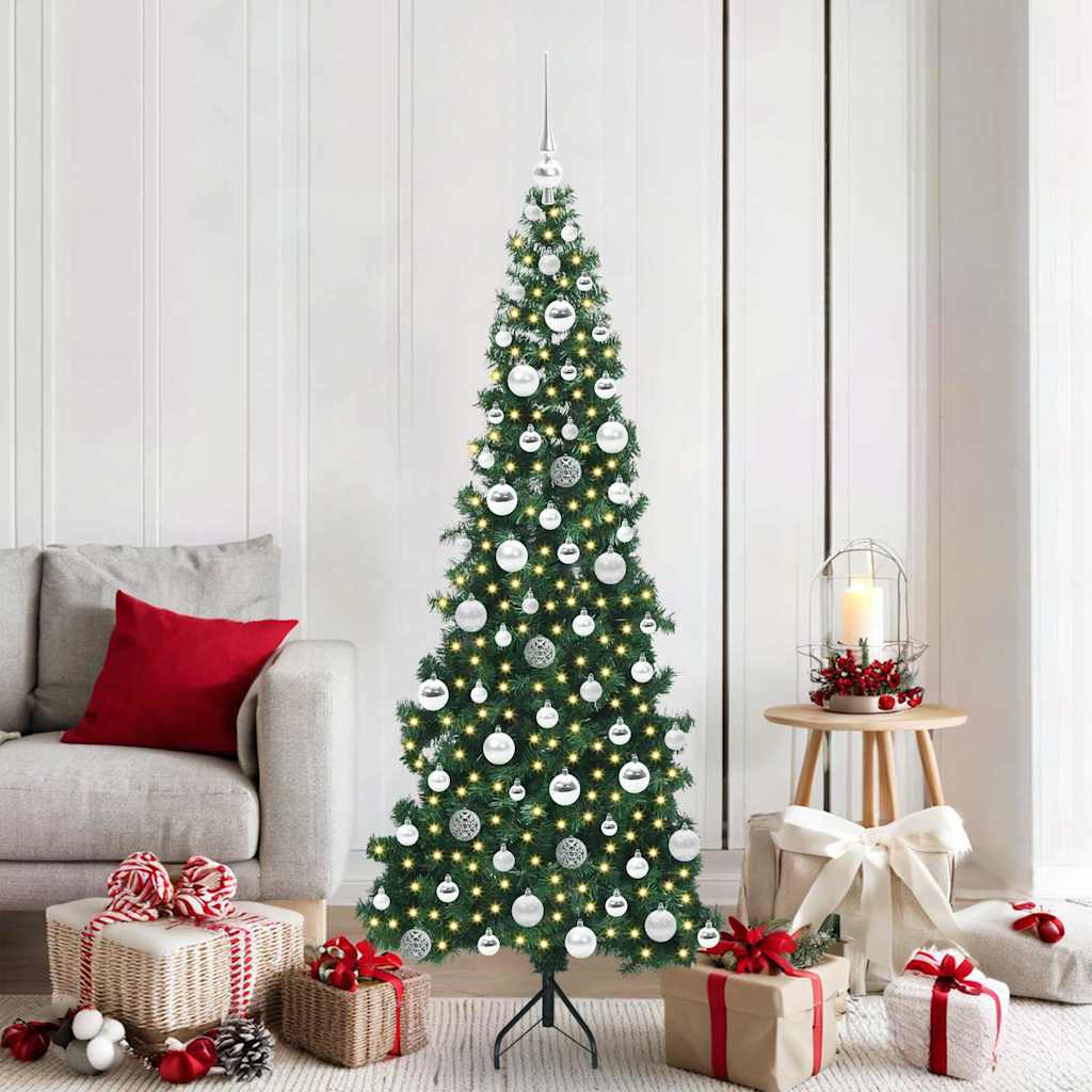 Corner Artificial Christmas Tree Green 180 cm PVC and Metal Width 180 cm with 300 LEDs & silver balls