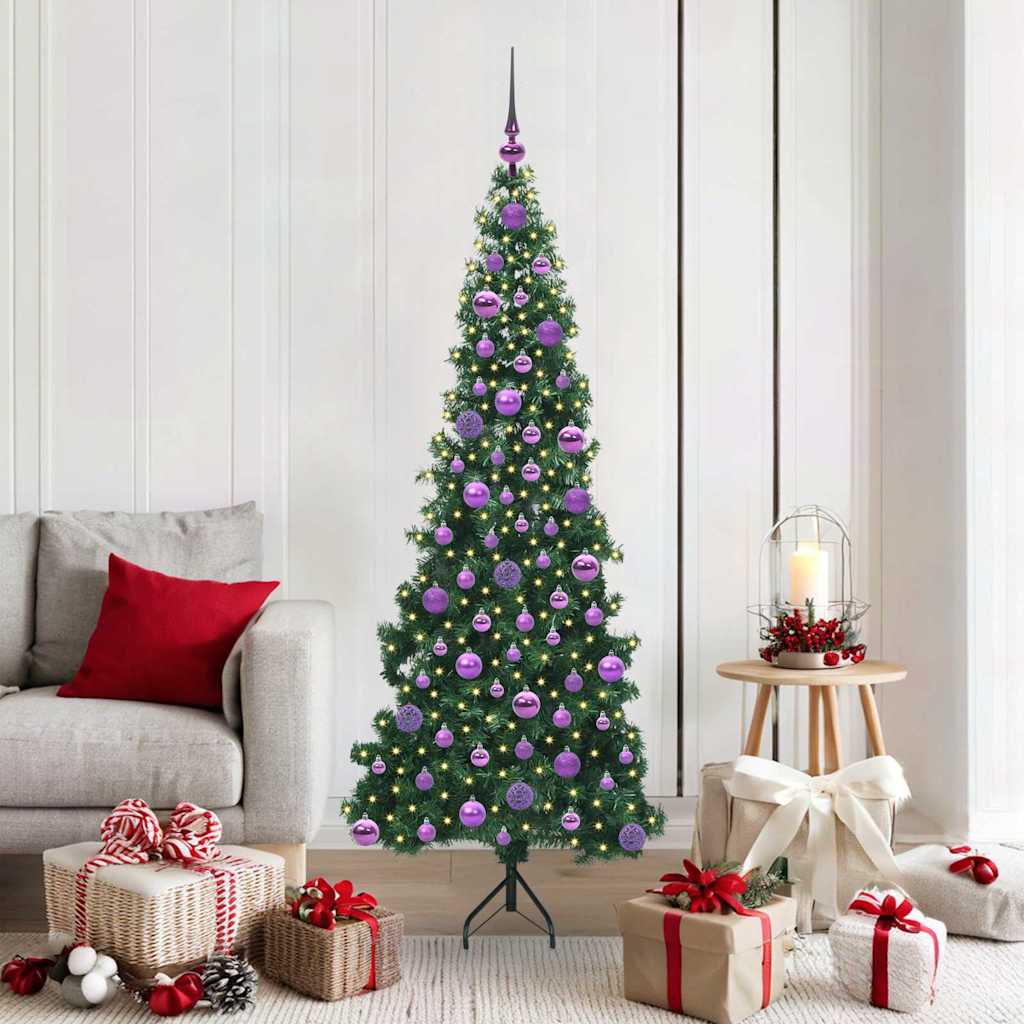 Corner Artificial Christmas Tree Green 180 cm PVC and Metal Width 180 cm with 300 LEDs & lilac balls