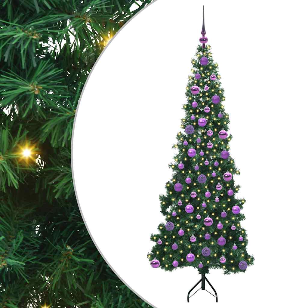 Corner Artificial Christmas Tree Green 180 cm PVC and Metal Width 180 cm with 300 LEDs & lilac balls