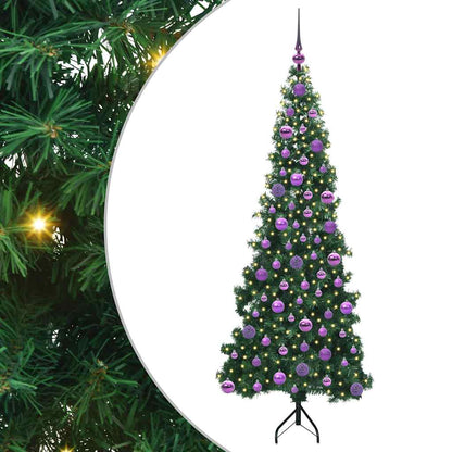 Corner Artificial Christmas Tree Green 180 cm PVC and Metal Width 180 cm with 300 LEDs & lilac balls