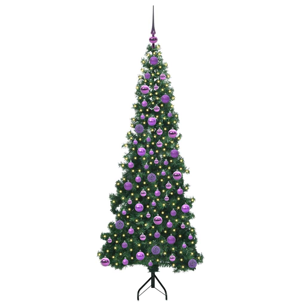 Corner Artificial Christmas Tree Green 180 cm PVC and Metal Width 180 cm with 300 LEDs & lilac balls