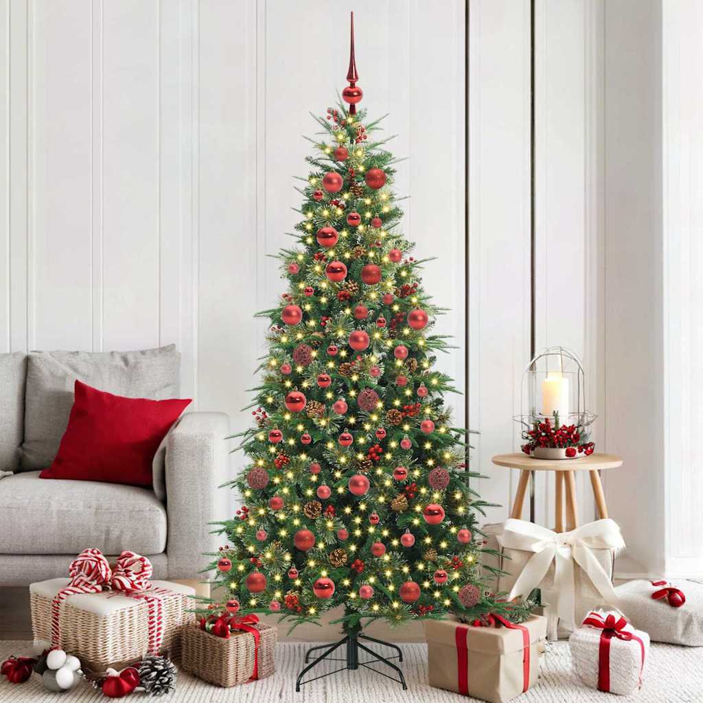 Artificial Hinged Christmas Tree PE and PVC Green 180 cm with LEDs &red balls