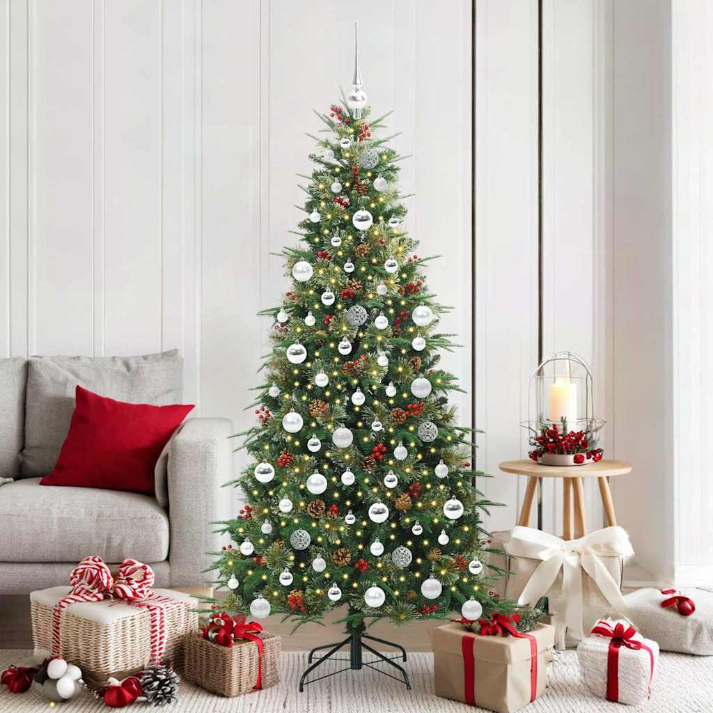 Artificial Hinged Christmas Tree PE and PVC Green 180 cm with LEDs &silver balls