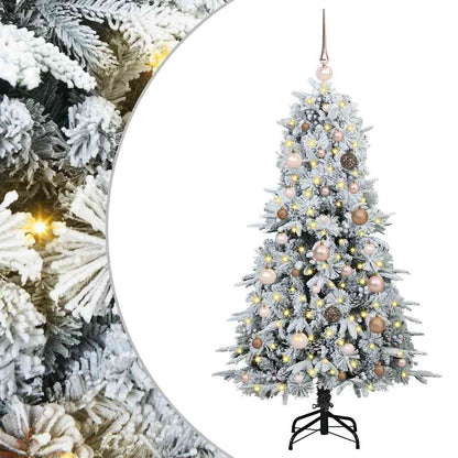 Artificial Hinged Christmas Tree White PE and PVC Green and white 150 cm with LEDs &rose gold balls