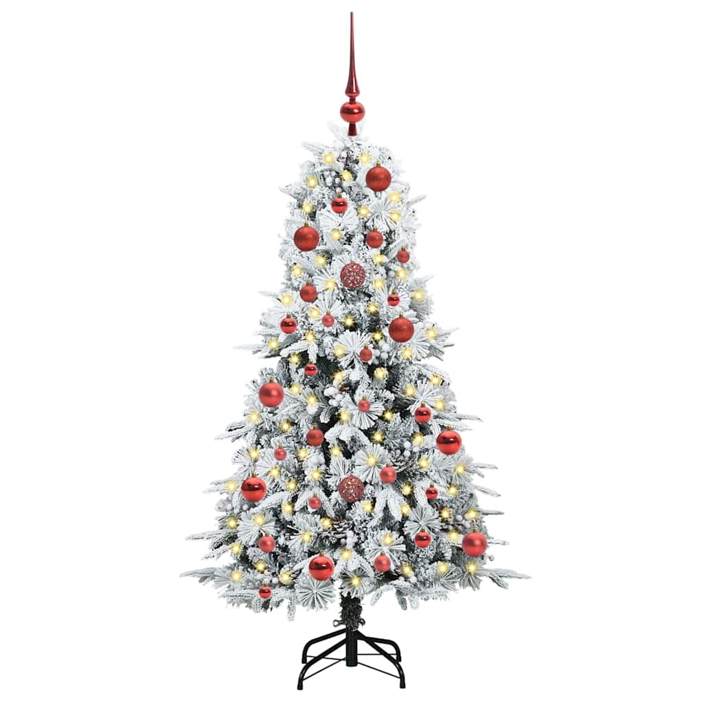 Artificial Hinged Christmas Tree White PE and PVC Green and white 150 cm with LEDs &red balls
