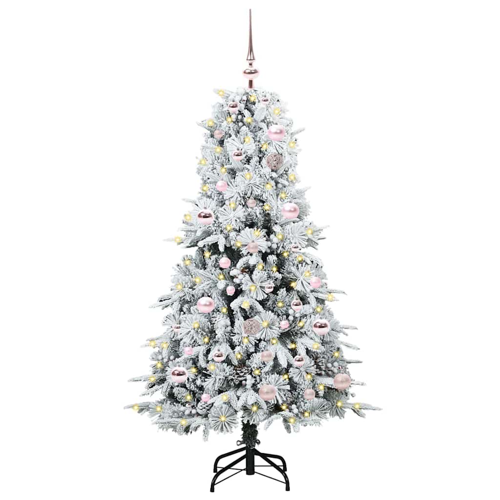 Artificial Hinged Christmas Tree White PE and PVC Green and white 150 cm with LEDs &pink balls