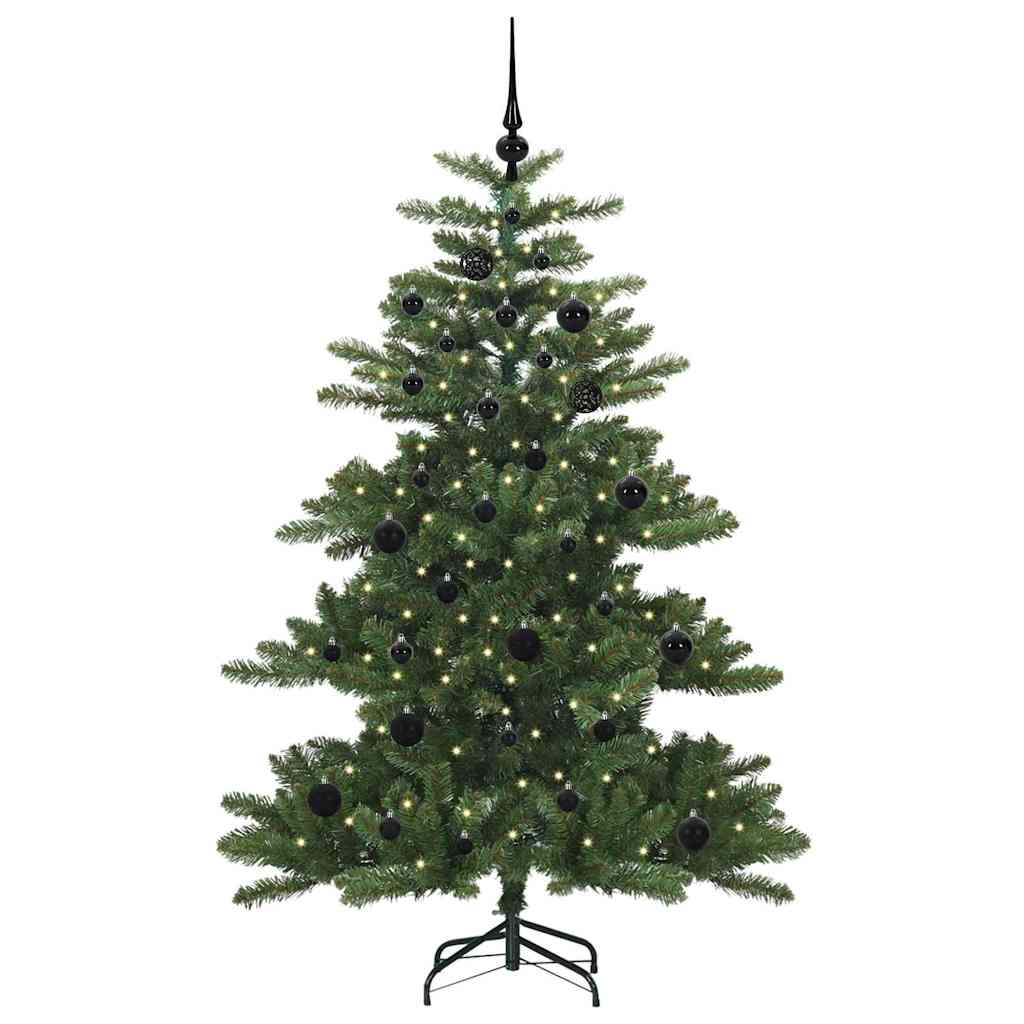 Artificial Hinged Christmas Tree PVC and Steel Green 150 cm with LEDs &black balls