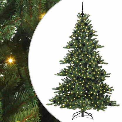 Artificial Hinged Christmas Tree PVC and Steel Green 210 cm with LEDs &black balls