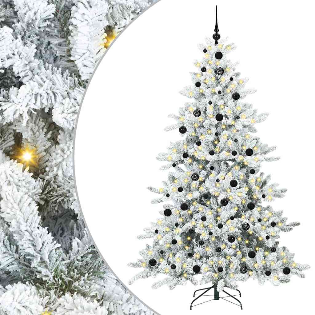Artificial Hinged Christmas Tree PVC and Steel White 210 cm with LEDs &black balls