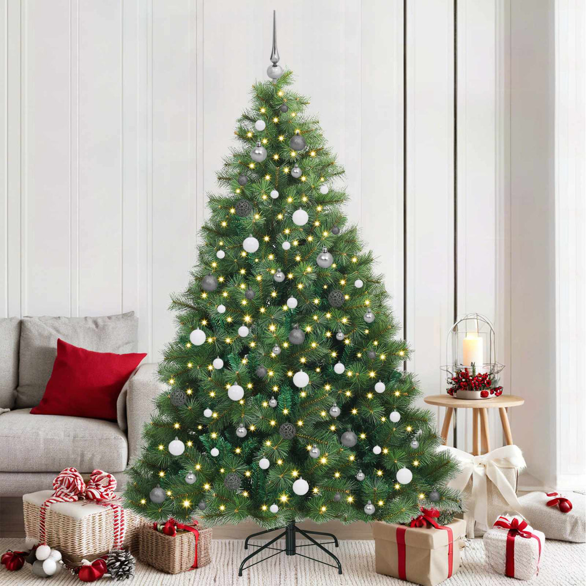 Artificial Christmas Tree with 300 LEDs PE and PVC Green 210 cm with LEDs &white/grey balls