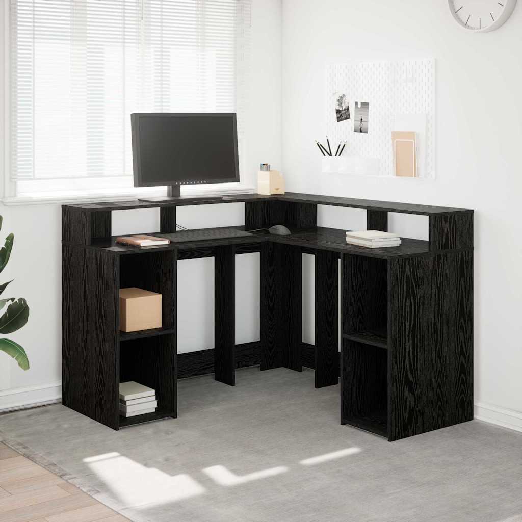 Desk with LED Lights Engineered Wood Black oak