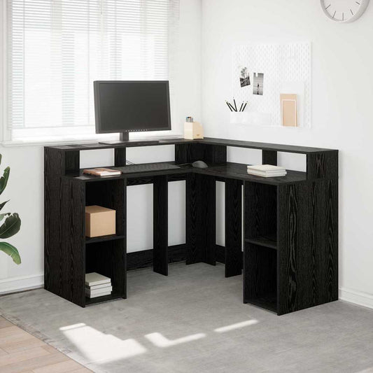 Desk with LED Lights Engineered Wood Black oak