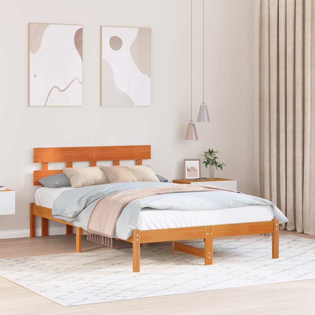 Bed Frame Headboard Solid Pine wood Length Wax brown