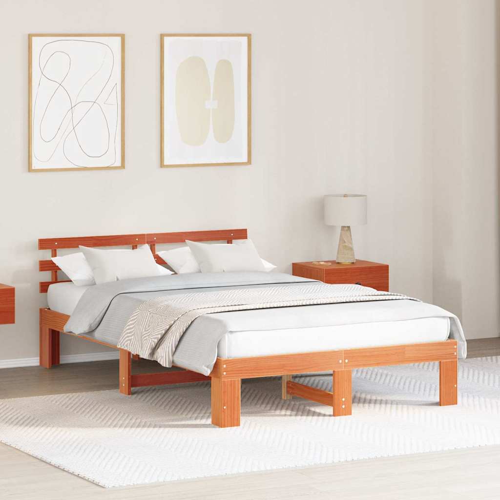 Bed Frame Headboard Solid Pine Wood Length Wax brown