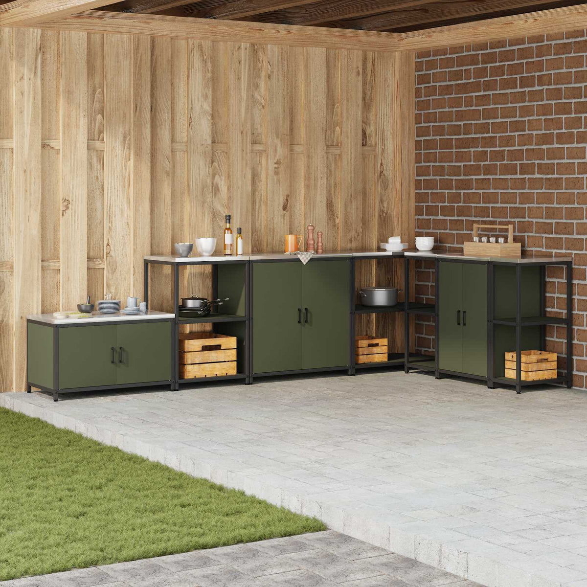 HATTEM Steel Kitchen Storage Cabinet Olive green 90 cm 53 cm