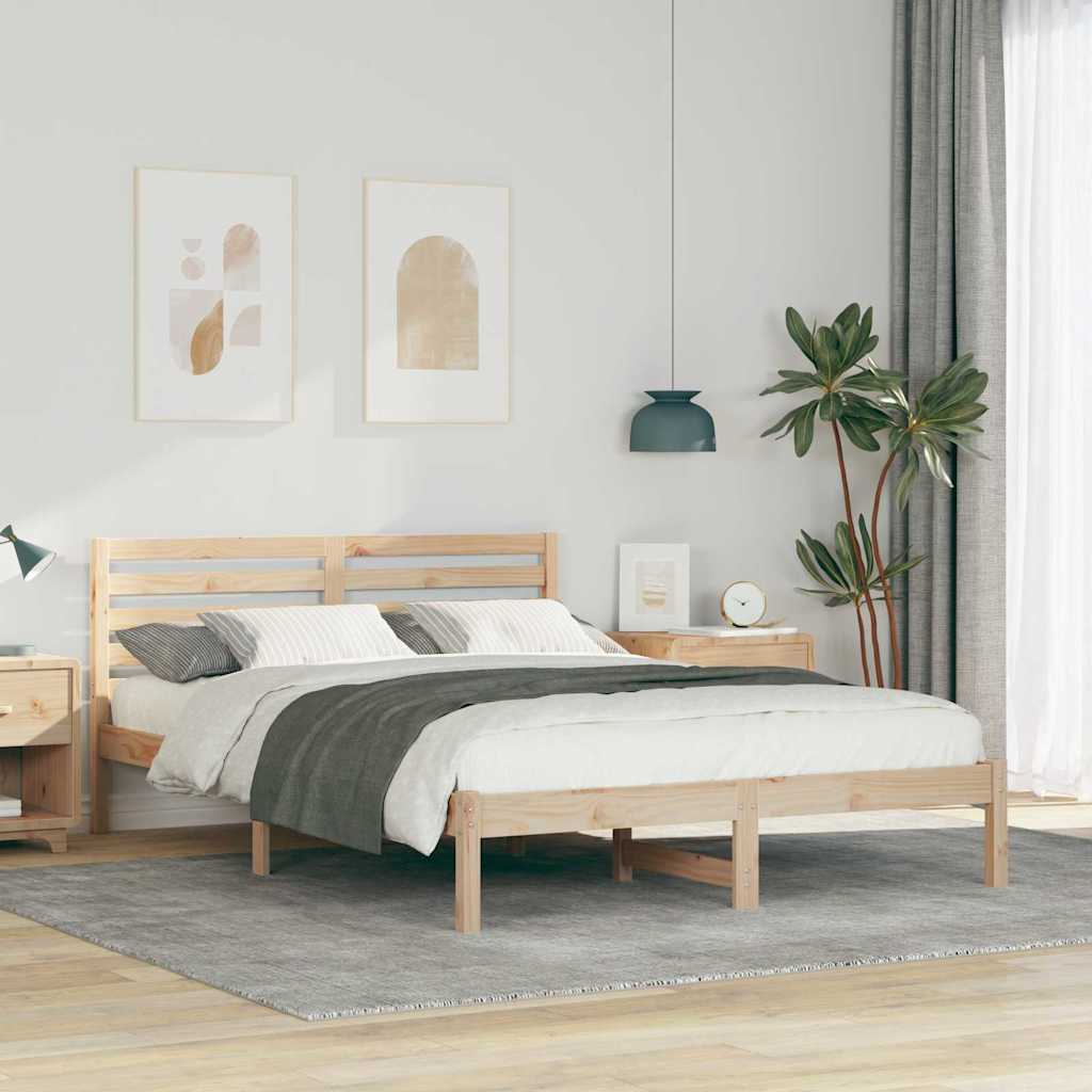 vidaXL Bed Frame with Headboard Brown Solid Pine Wood Natural Length 210 cm